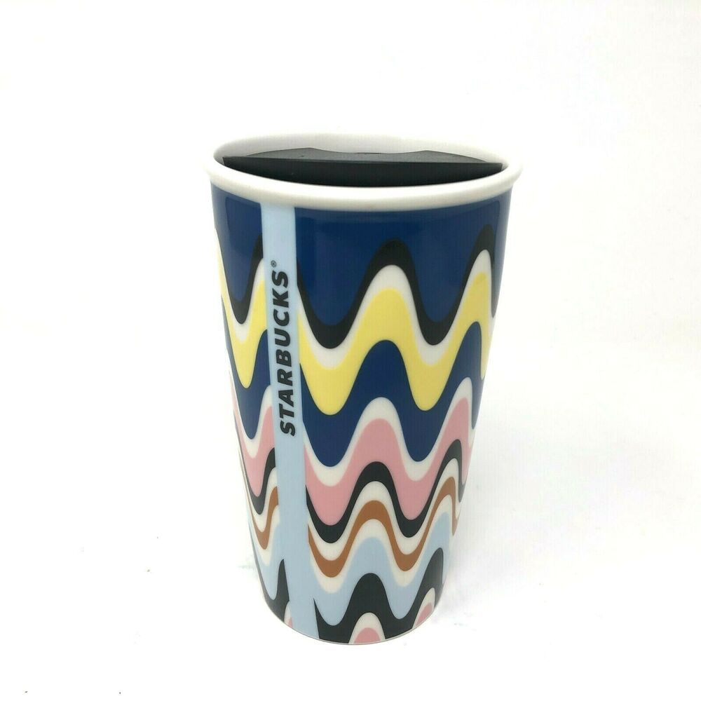 Starbucks Tumbler Ceramic 12 oz Color Waves Double Wall Travel Mug w/ Lid 2017